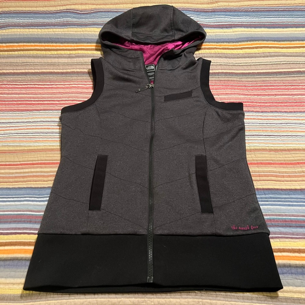 The North Face Womens Vest Hoodie Gray Pink Lined Full Zip M Medium
